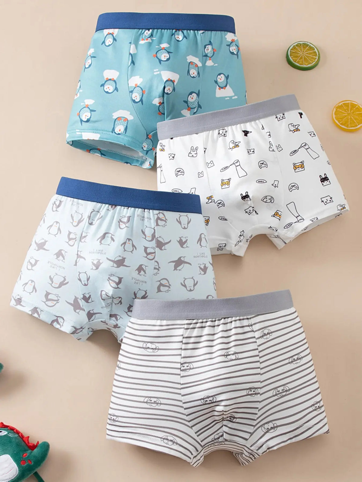 4-Pack Boys' Comfortable Printed Underwear, Horse, Penguin, Dinosaur Prints, Soft and Stretchy, Perfect Fit for Daily Wear, All Season Underwear