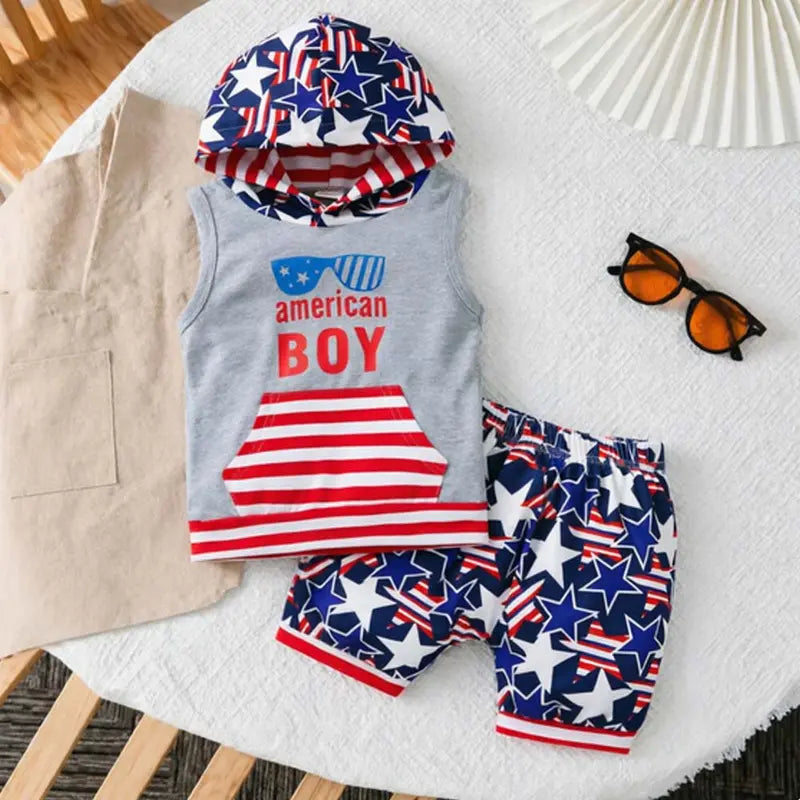 Boys' Toddler Suit Matching Set - 1 Tops + High-Waist Shorts, Graphic Print Cotton Hooded Outfit, Breathable Wear-Resistant, Summer Sports Casual, Fits 12-18M/2-3y/3-4y