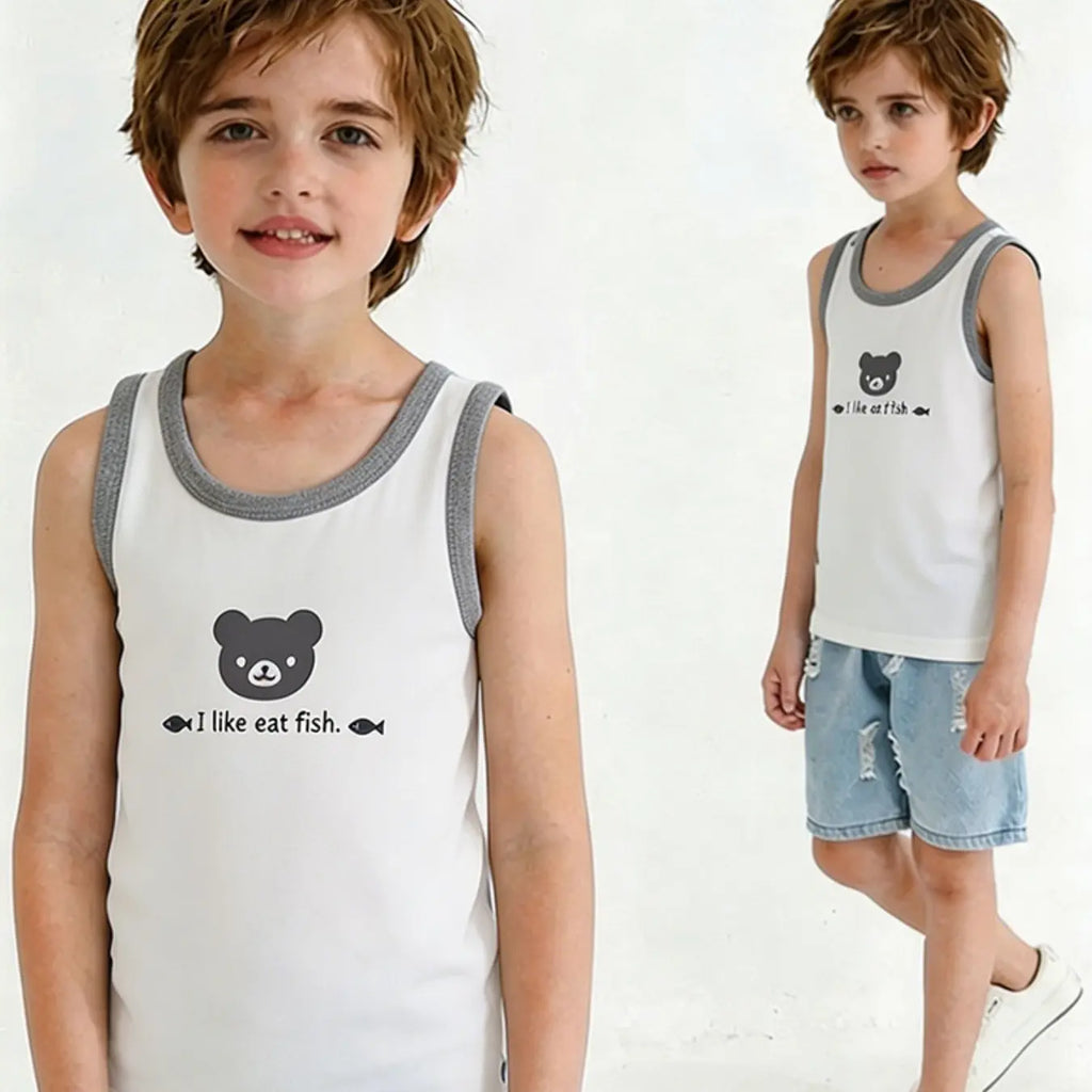 Boys' Cartoon Bear Print Tank Top, Breathable Round Neck Sleeveless Shirt, Comfortable Quick-Dry Innerwear, Quick Drying Undershirts, Quick Dry Underwear, Ideal for Play and School