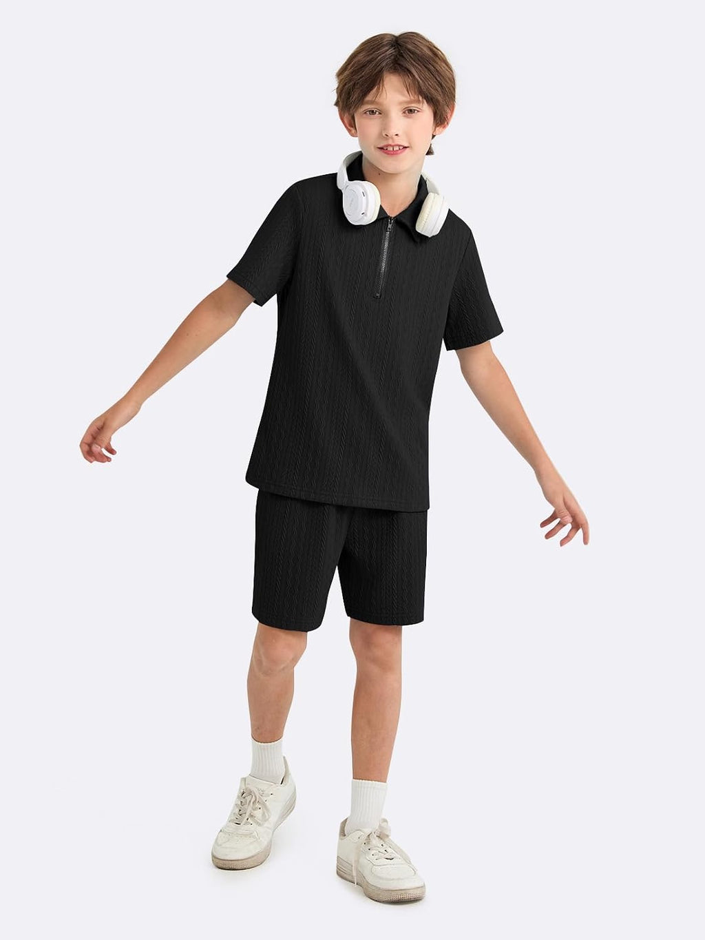 Haloumoning Boys 2 Piece Summer Outfits Kids Quarter Zip Polo Shirt and Shorts Set Athletic Tracksuit 5-14 Years