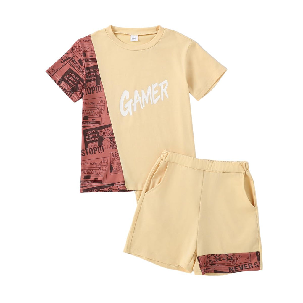 OLMRJKD Boys 2 Piece Outfits Short Sleeve Colorblock T-shirt and Shorts Summer Casual Clothes for 6-12 Years
