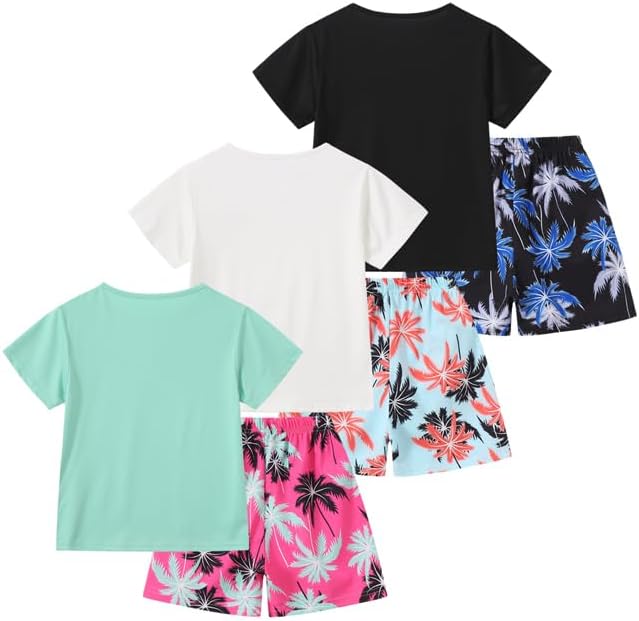 Boys' 6 Piece Summer Holiday Outfits Short Sleeve Graphic T-Shirts Tops and Shorts Sets Beach Casual Clothes 3-14Y