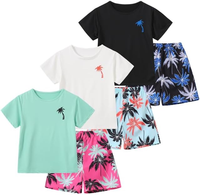 Boys' 6 Piece Summer Holiday Outfits Short Sleeve Graphic T-Shirts Tops and Shorts Sets Beach Casual Clothes 3-14Y