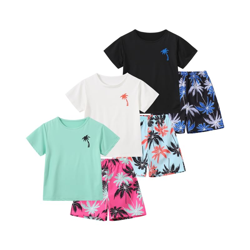 Boys' 6 Piece Summer Holiday Outfits Short Sleeve Graphic T-Shirts Tops and Shorts Sets Beach Casual Clothes 3-14Y