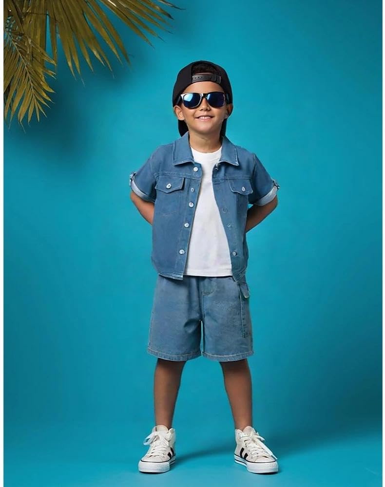 3-7T Toddler Boys Clothes Denim Outfit Set – Short Sleeve Button-Up Jean Jacket & Stretch Denim Shorts