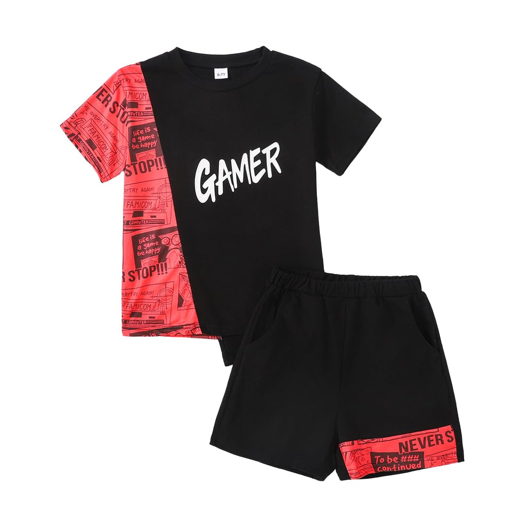 OLMRJKD Boys 2 Piece Outfits Short Sleeve Colorblock T-shirt and Shorts Summer Casual Clothes for 6-12 Years