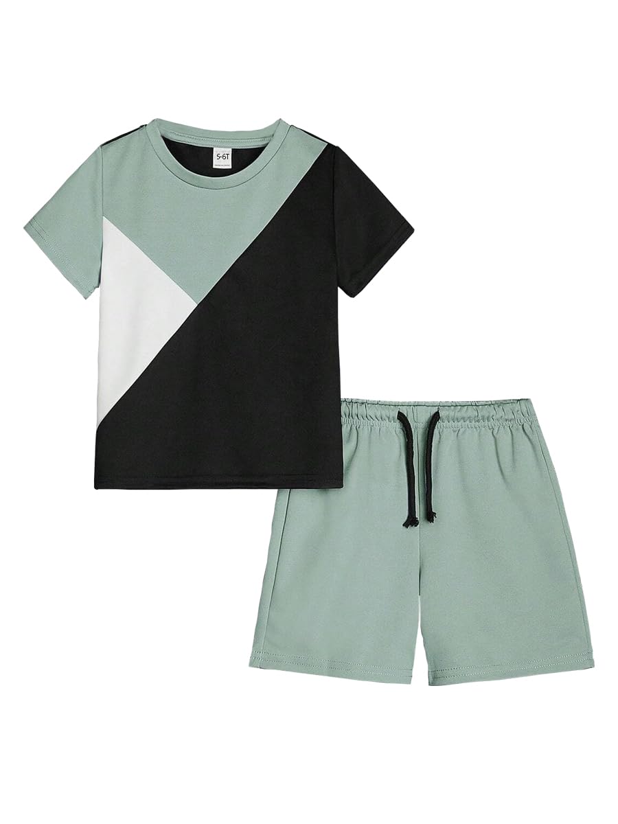 Ayzozuy Boy Clothes Colorblock Top + Drawstring Waist Shorts 2 Pieces Kid Summer Outfits Set