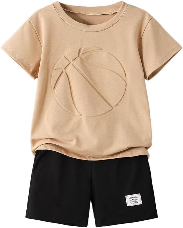 Boys 2 Piece Outfits Short Sleeve Basketball Pattern T-Shirt and Shorts Summer Clothes for Kids 5-12 Years