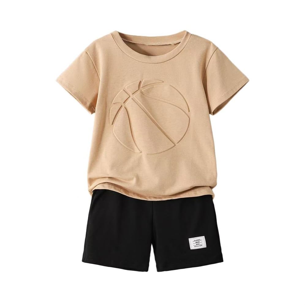 Boys 2 Piece Outfits Short Sleeve Basketball Pattern T-Shirt and Shorts Summer Clothes for Kids 5-12 Years