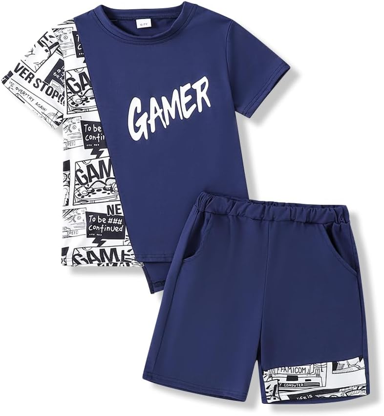 OLMRJKD Boys 2 Piece Outfits Short Sleeve Colorblock T-shirt and Shorts Summer Casual Clothes for 6-12 Years