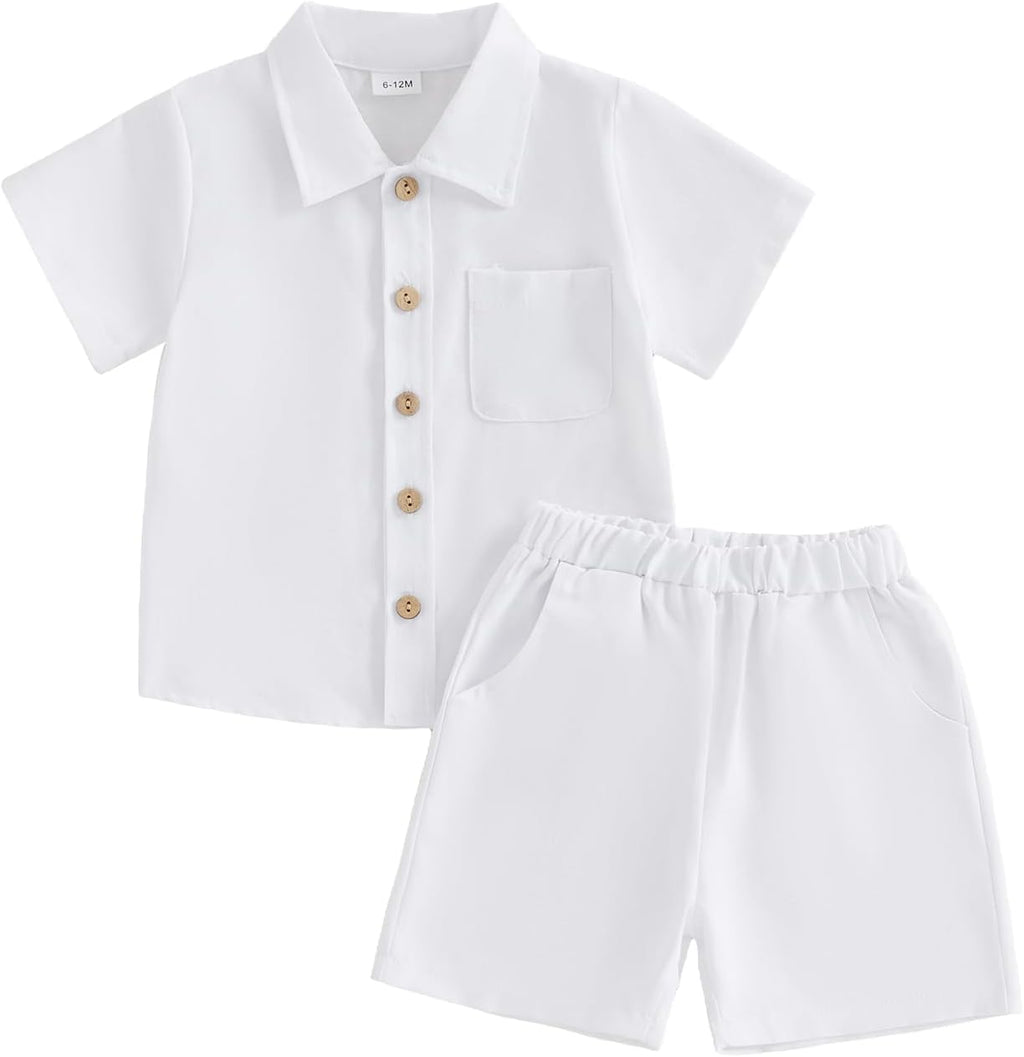 Baby Boys Summer Outfit Cotton Button Down Shirt and Shorts Set Toddler Infant Clothes for Beach Baptism Birthday