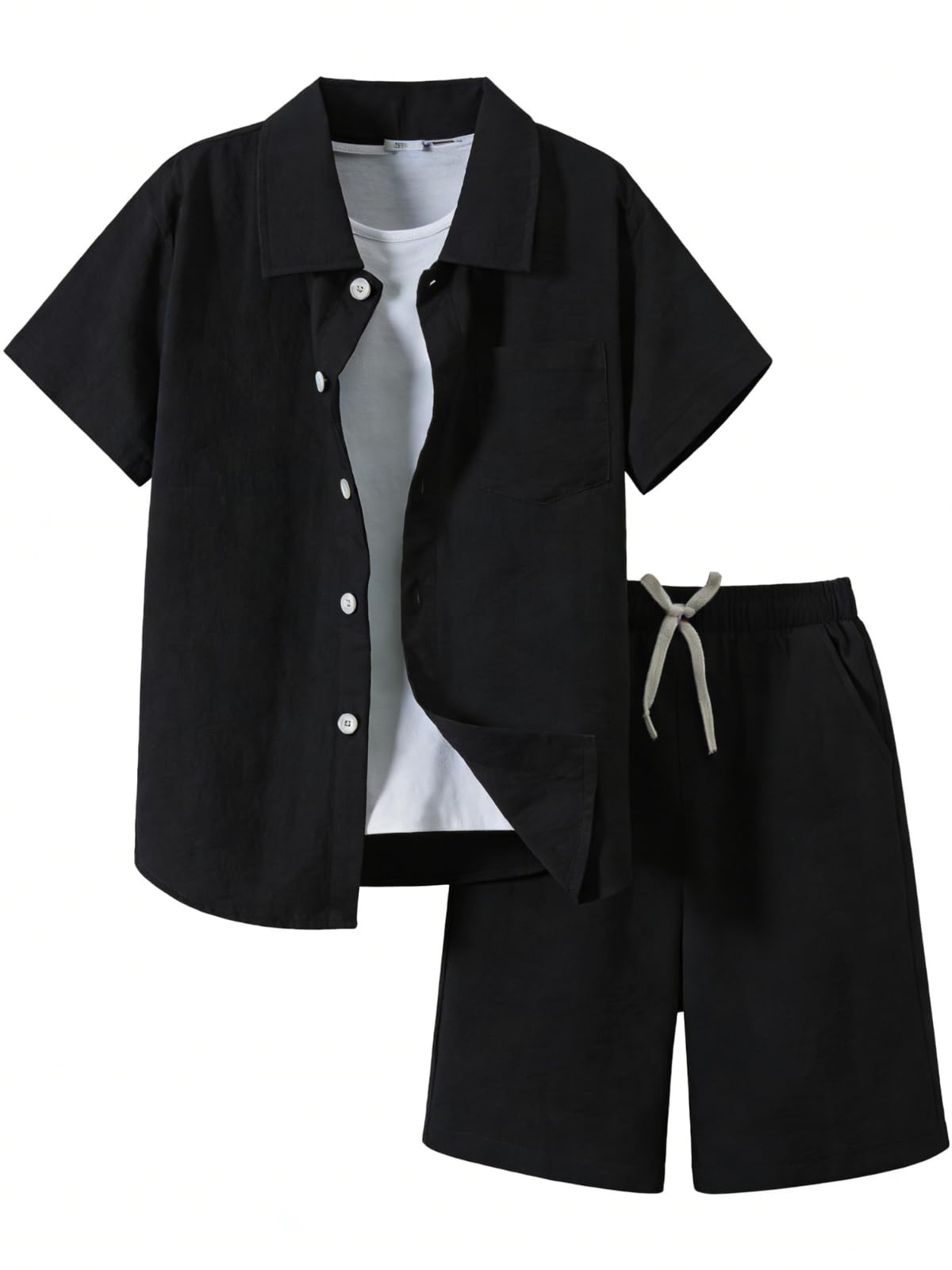 Ayzozuy Boys Summer 2-Piece Outfit Size 6-13 Short-Sleeve Textured Button-Down Shirt & Solid Elastic-Waist Shorts Set