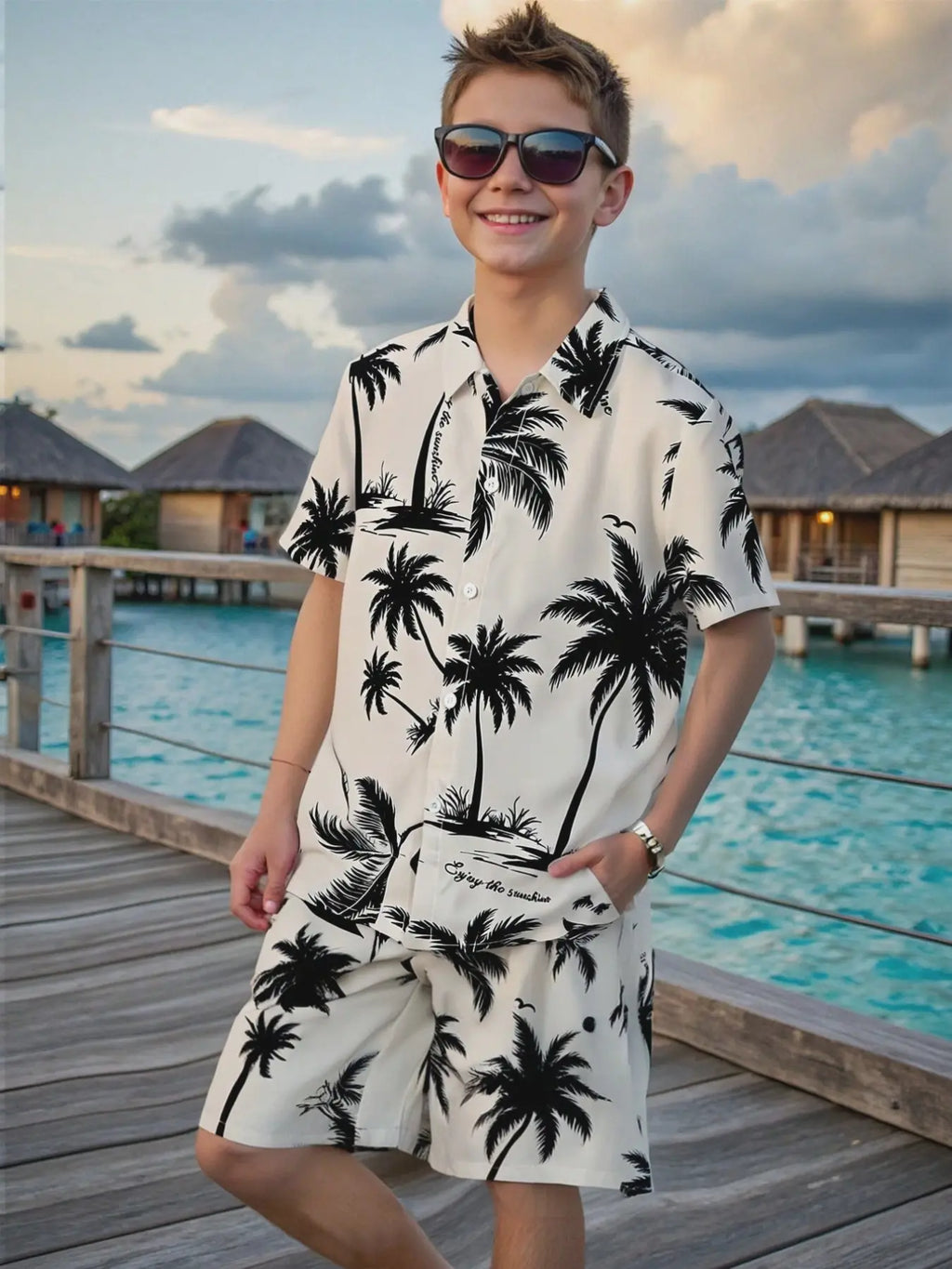 Boys' Fashion Shirt and Shorts Matching Set, Tropical Palm Tree Print, Casual Summer Clothing Set, Outfits Set, Clothes Kids, Home, Commute, Vacation, No Inner T-Shirt Included