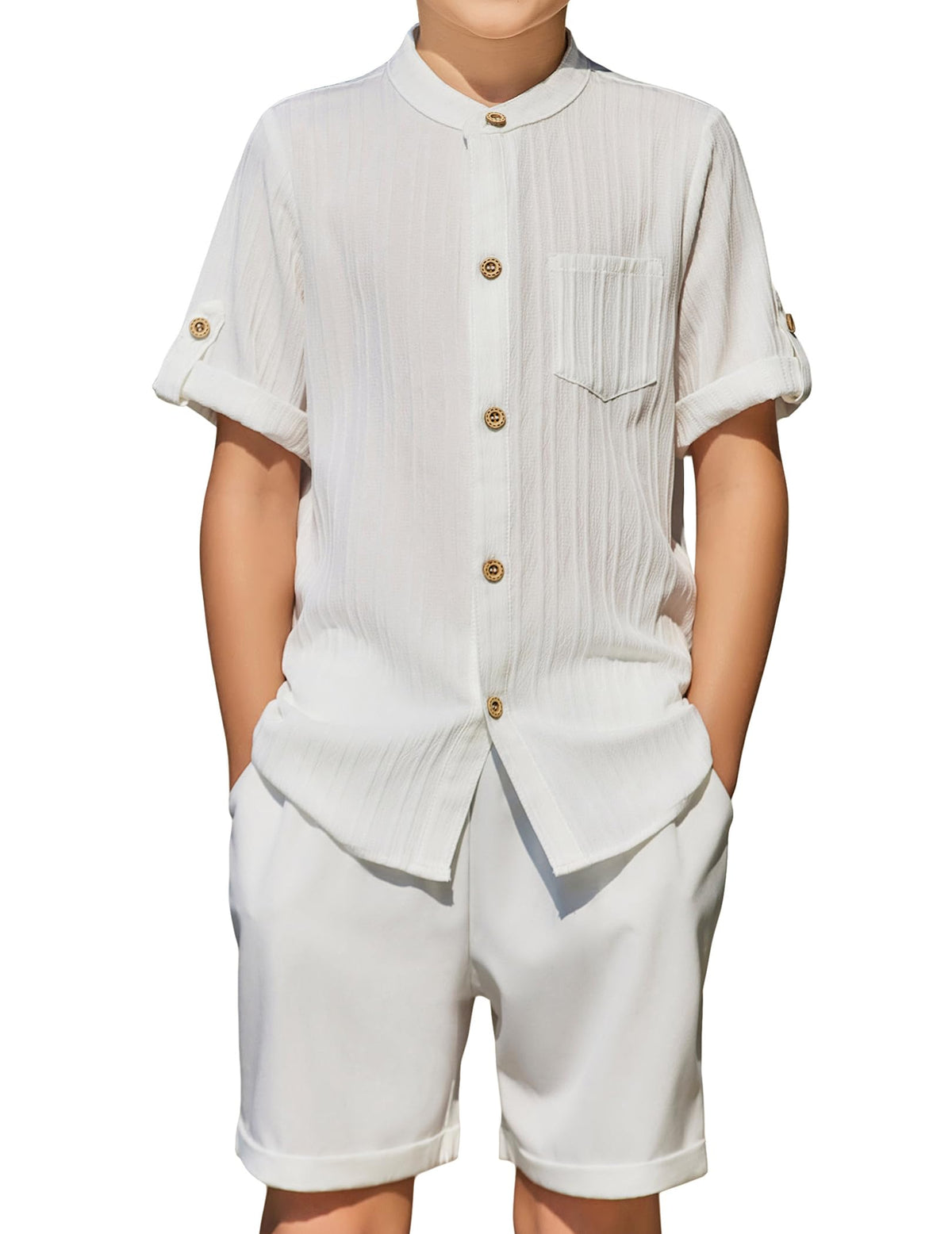 Arshiner Boys Summer Outfits Textured Button Down Shirt and Shorts Set