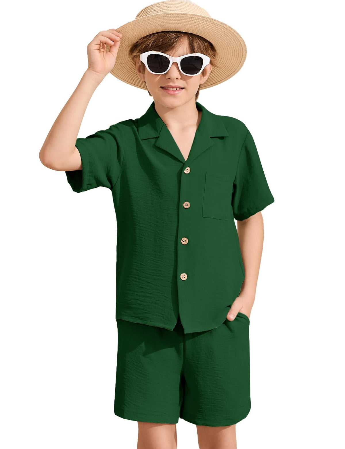 Flygo Boys Summer 2 Piece Textured Beach Outfit Shirt and Shorts Set