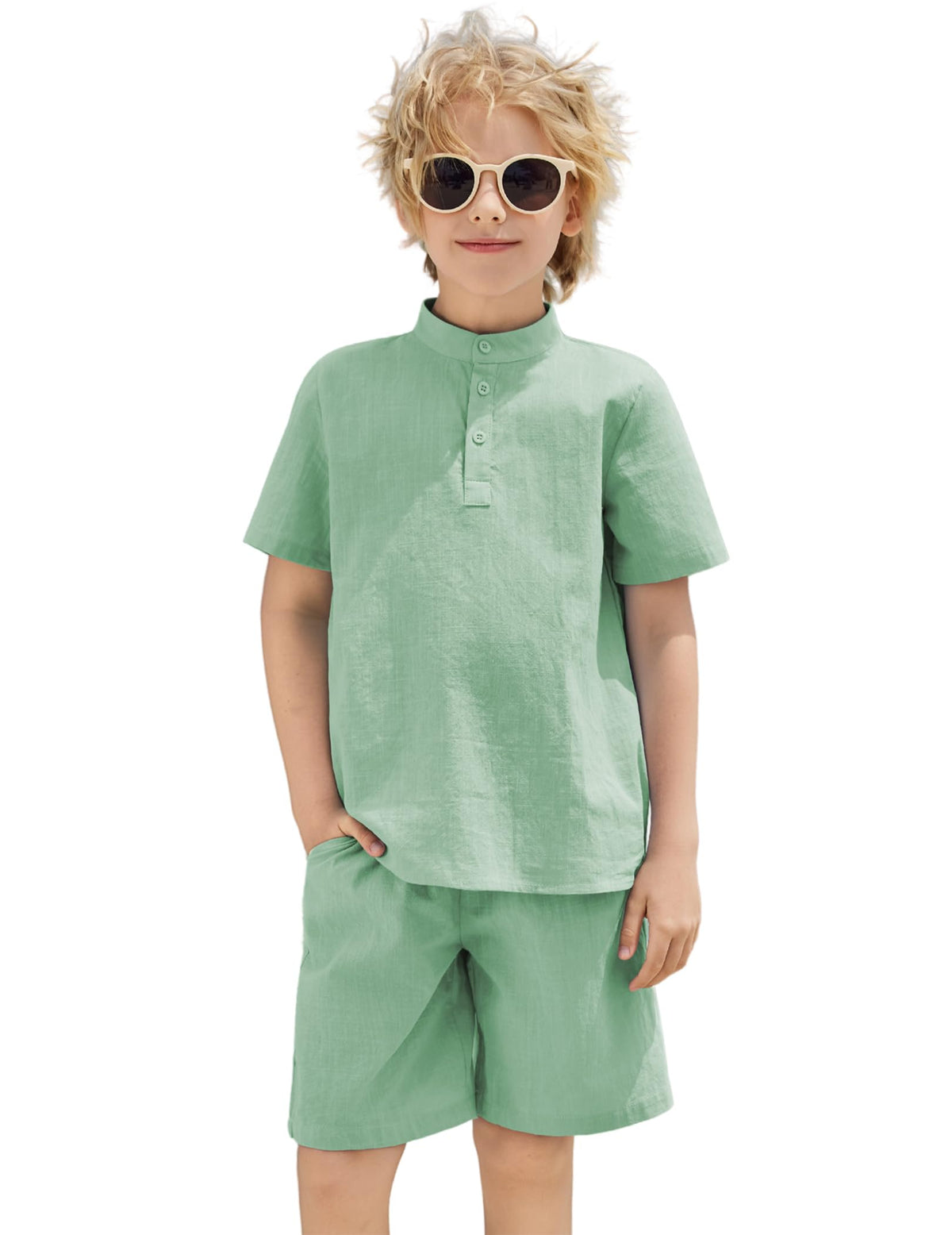 Arshiner Boy's 2 Pieces Cotton Linen Set Casual Henley Shirts Short Sleeve Beach Shorts Summer Outfits for 5-12 Years