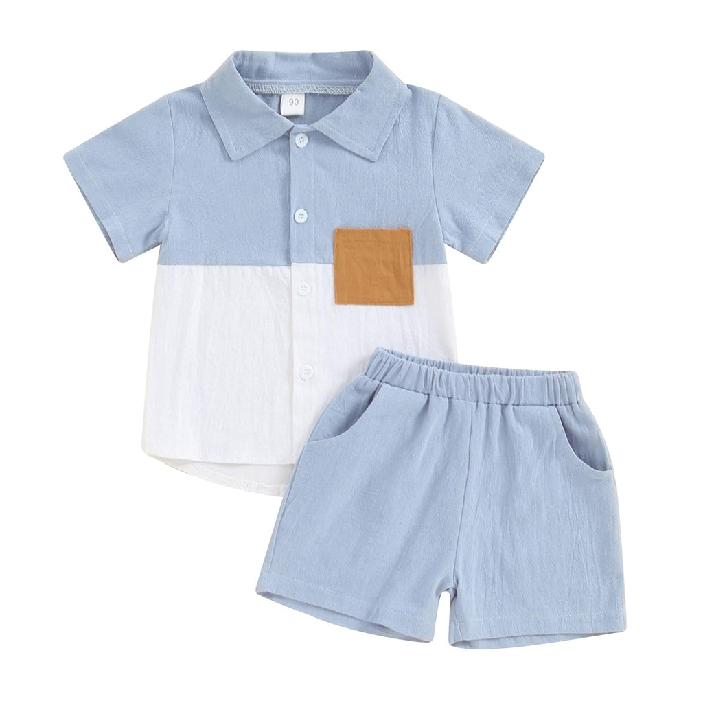 fhutpw Toddler Boy Patchwork Summer Outfits Short Sleeve Button Down Shirt Tops & Casual Shorts Sets Baby 2T 3T 4T 5T Clothes