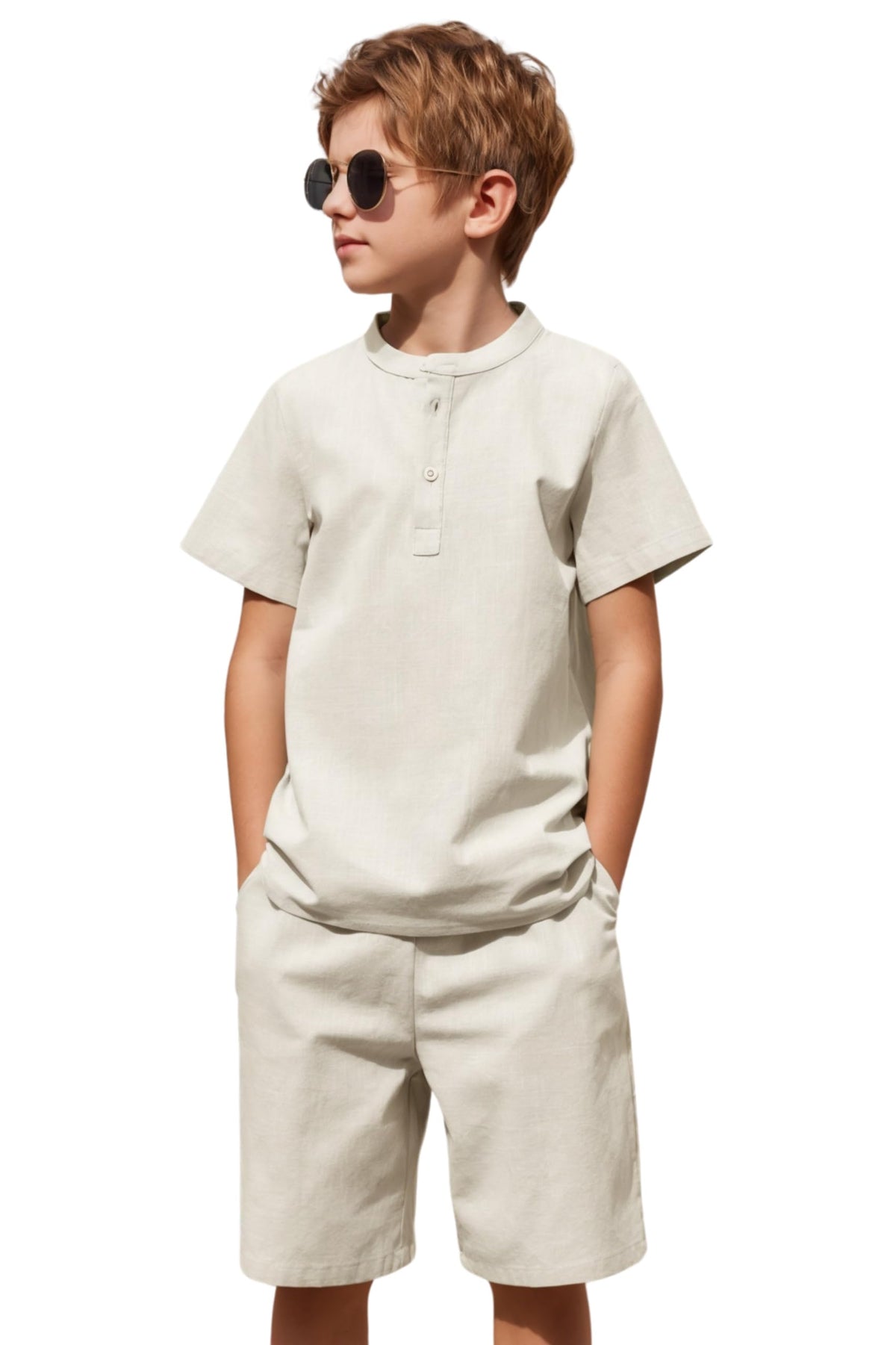 Arshiner Boy's 2 Pieces Cotton Linen Set Casual Henley Shirts Short Sleeve Beach Shorts Summer Outfits for 5-12 Years
