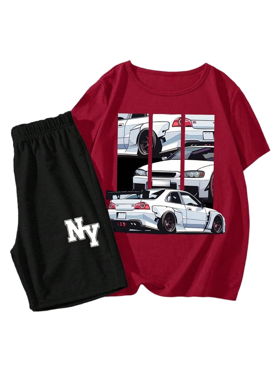 Boys Clothes 2-Piece Summer Outfit Car Print T-Shirt & Letter Print Shorts for Kids Clothing Set 6-12Y