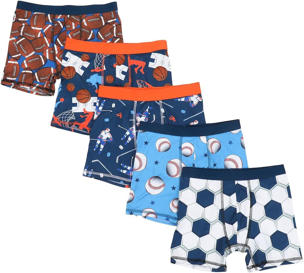 FUNFARE Underwear Sports Patterns AOP Boy's 5-Pack Boxer Briefs
