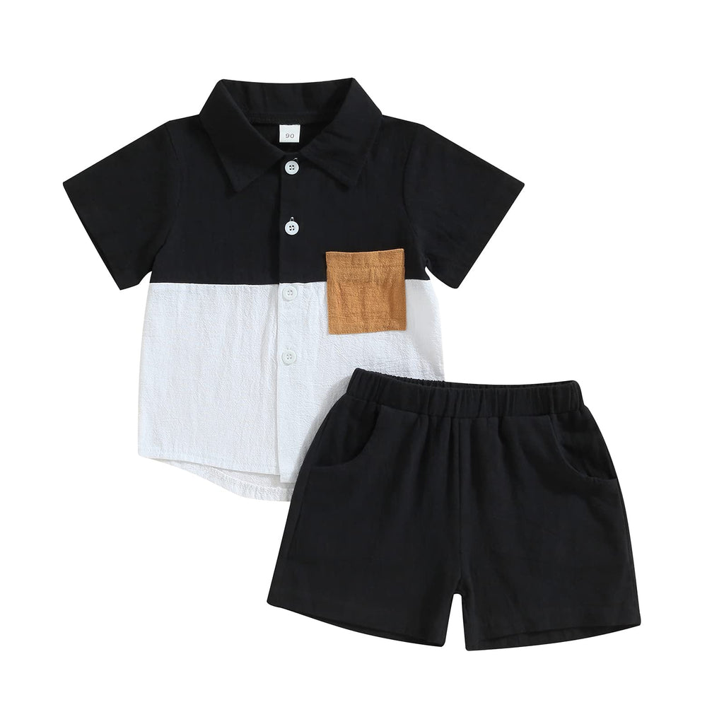 fhutpw Toddler Boy Patchwork Summer Outfits Short Sleeve Button Down Shirt Tops & Casual Shorts Sets Baby 2T 3T 4T 5T Clothes