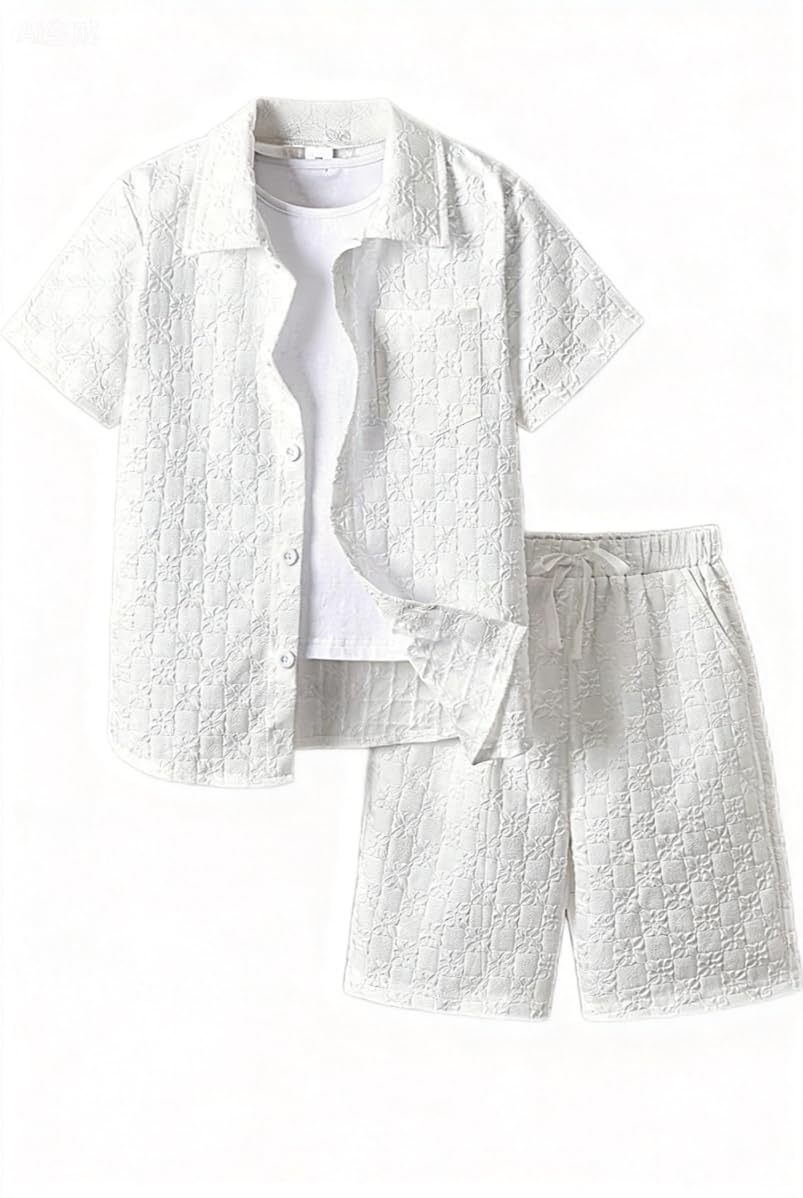 Ayzozuy Boys Summer 2-Piece Outfit Size 6-13 Short-Sleeve Textured Button-Down Shirt & Solid Elastic-Waist Shorts Set
