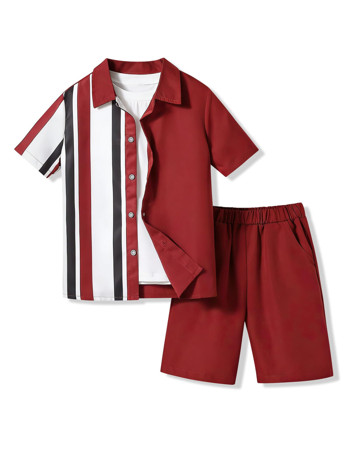 Ayzozuy Boys Summer 2-Piece Outfit Size 6-13 Short-Sleeve Textured Button-Down Shirt & Solid Elastic-Waist Shorts Set