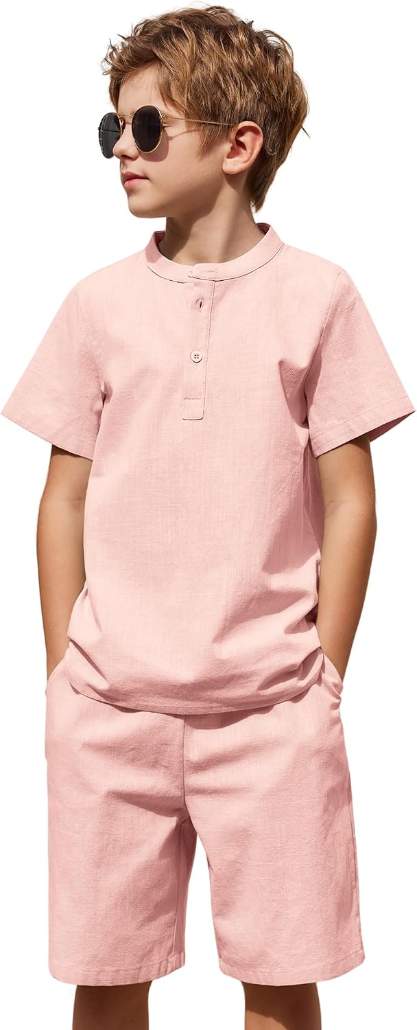 Arshiner Boy's 2 Pieces Cotton Linen Set Casual Henley Shirts Short Sleeve Beach Shorts Summer Outfits for 5-12 Years