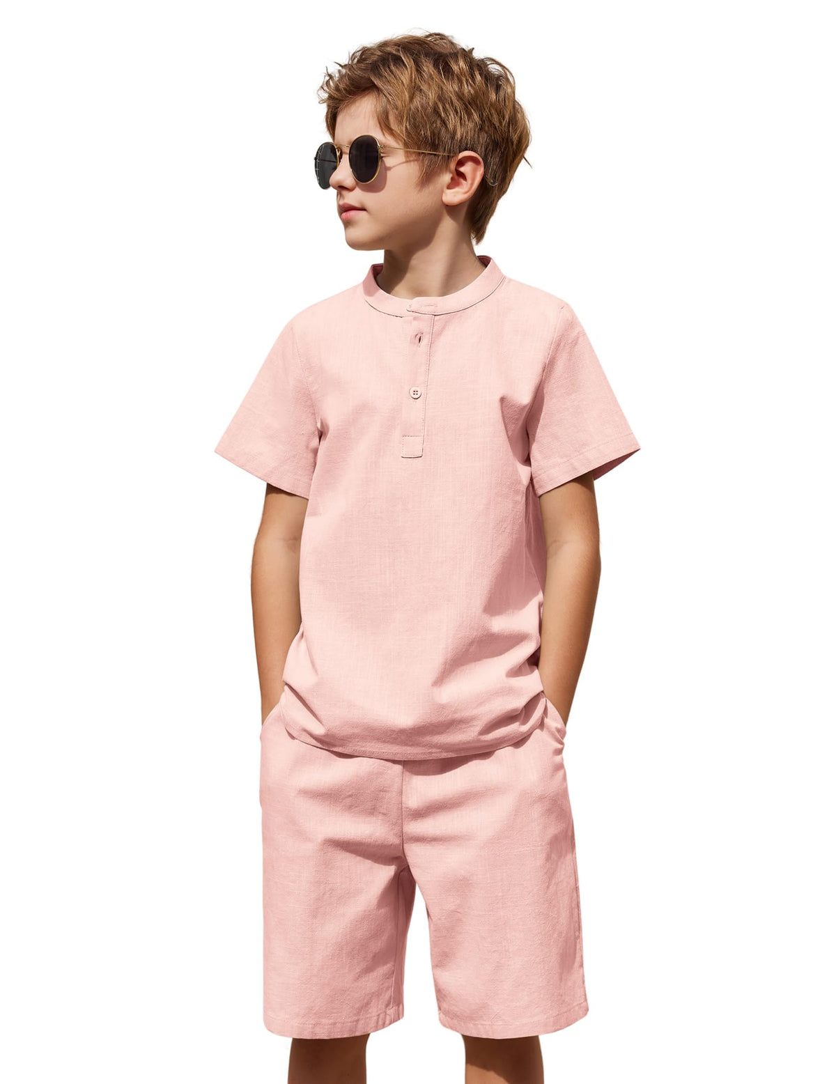 Arshiner Boy's 2 Pieces Cotton Linen Set Casual Henley Shirts Short Sleeve Beach Shorts Summer Outfits for 5-12 Years