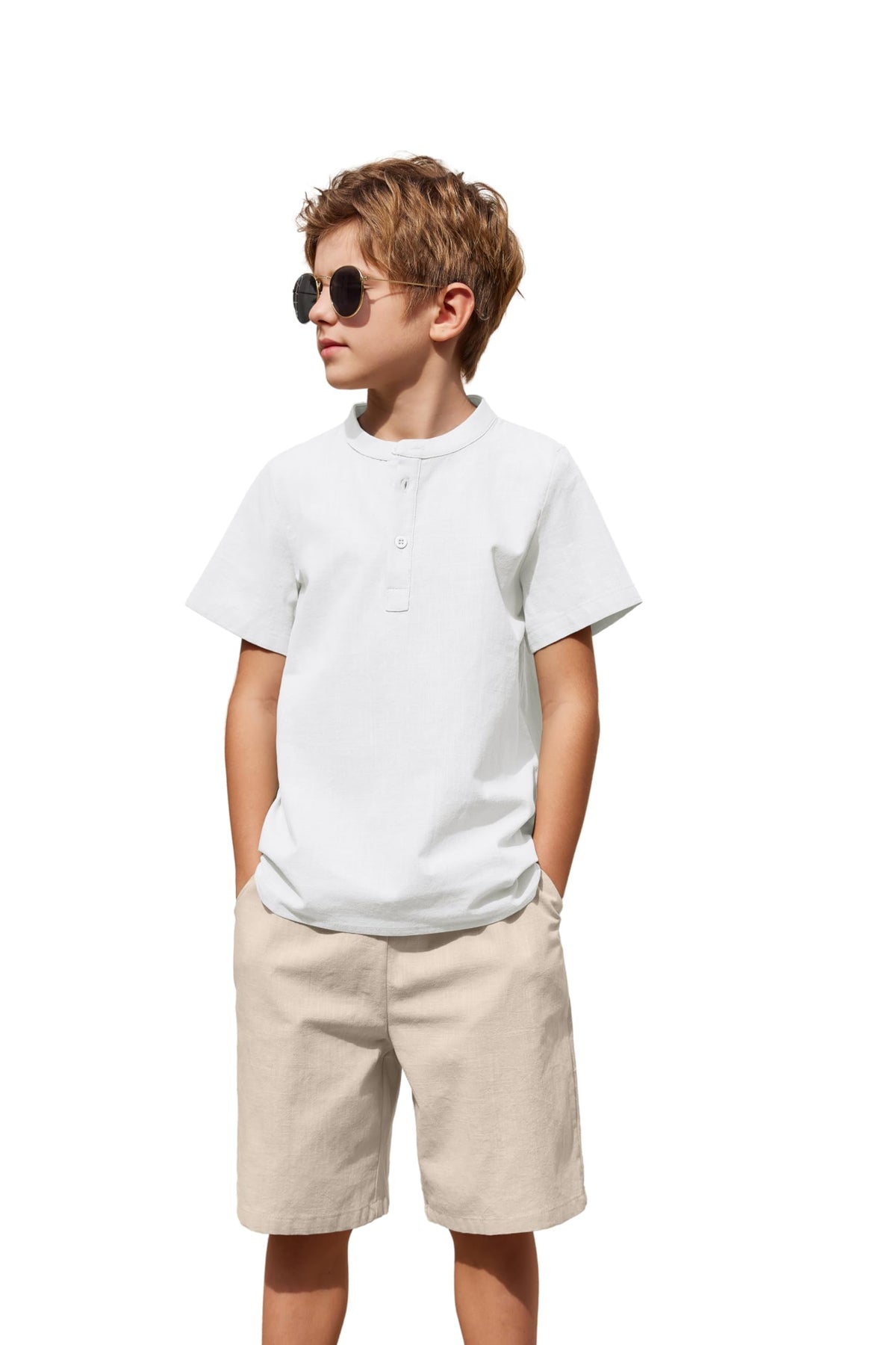 Arshiner Boy's 2 Pieces Cotton Linen Set Casual Henley Shirts Short Sleeve Beach Shorts Summer Outfits for 5-12 Years