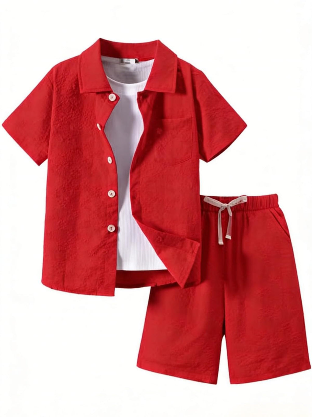Ayzozuy Boys Summer 2-Piece Outfit Size 6-13 Short-Sleeve Textured Button-Down Shirt & Solid Elastic-Waist Shorts Set
