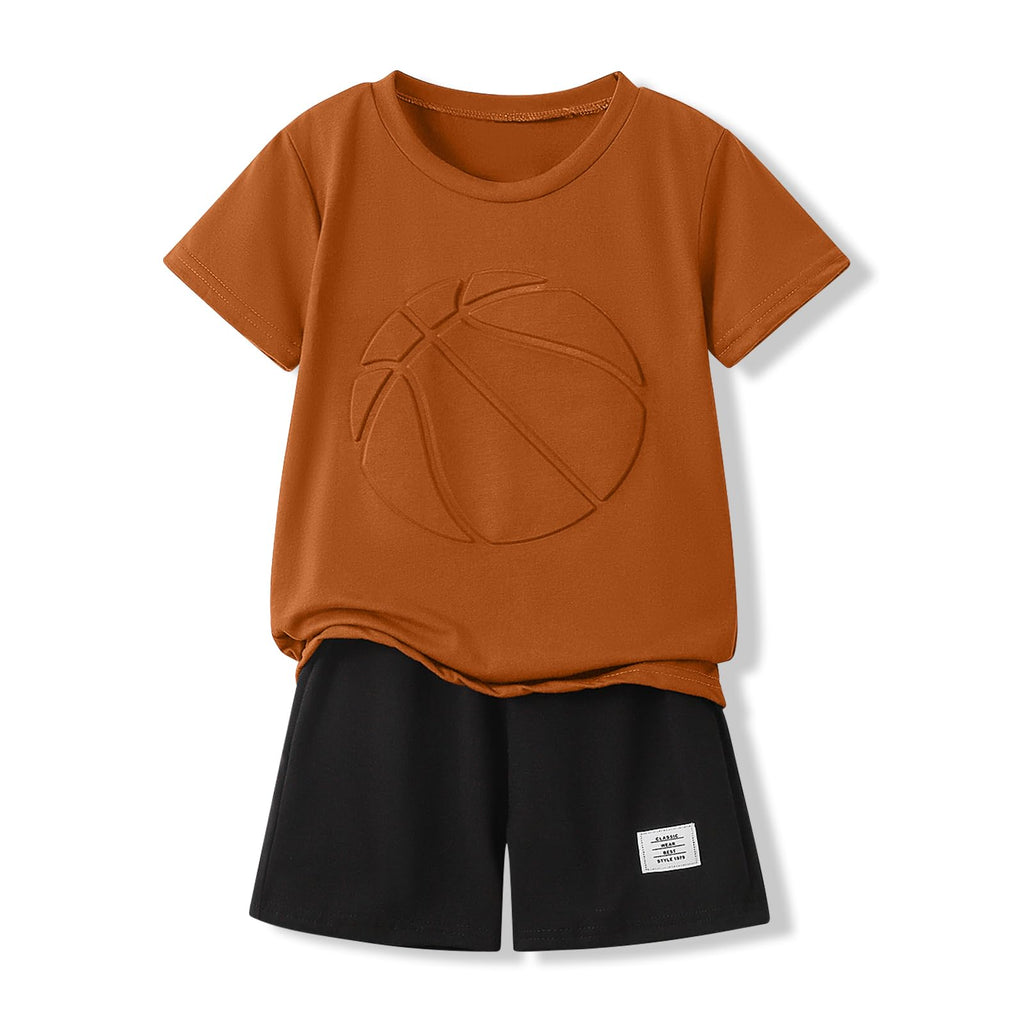 Boys 2 Piece Outfits Short Sleeve Basketball Pattern T-Shirt and Shorts Summer Clothes for Kids 5-12 Years