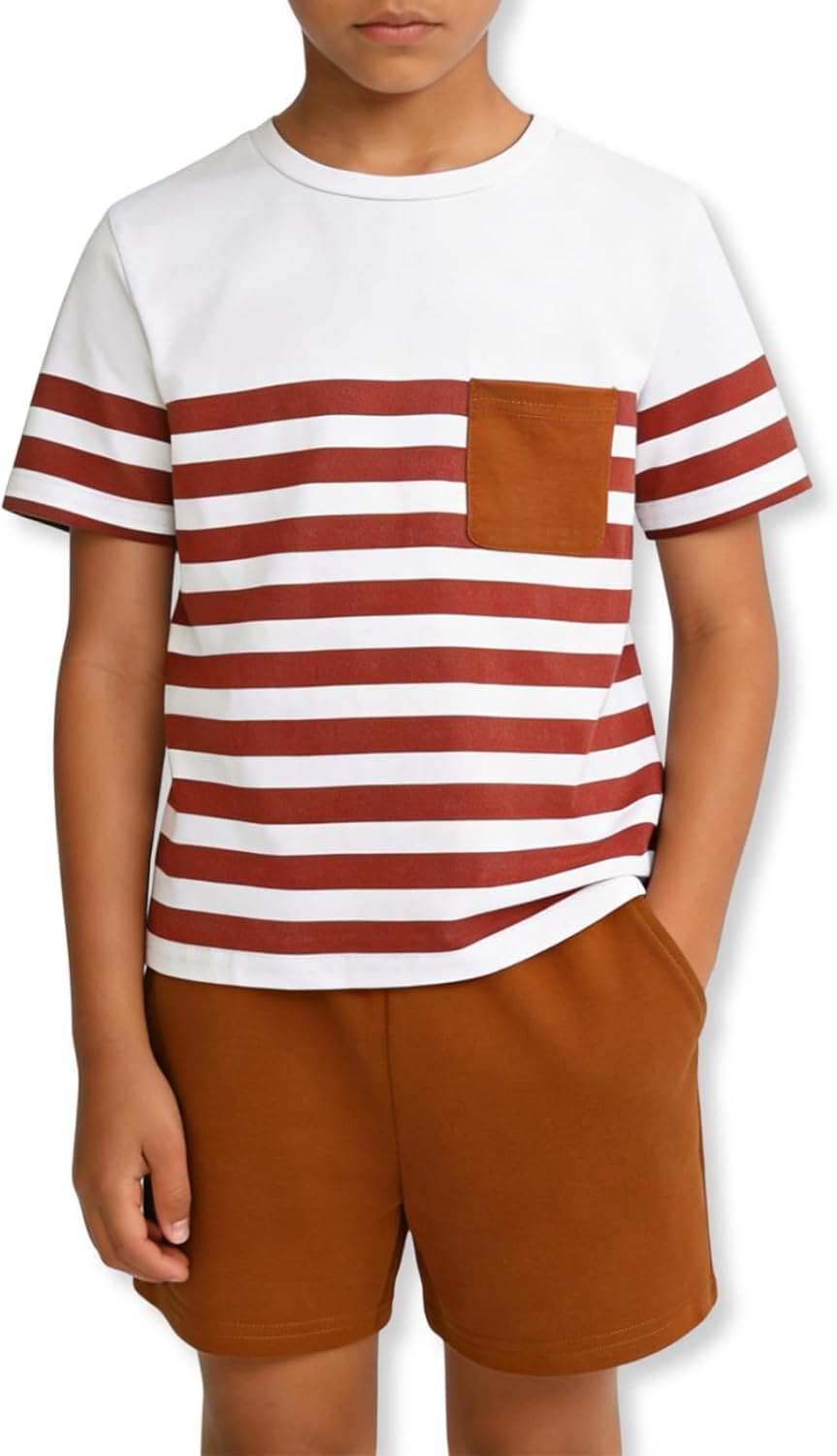 Boys Summer Outfits 2 Piece Striped Top and Shorts Casual Kids Clothing Set