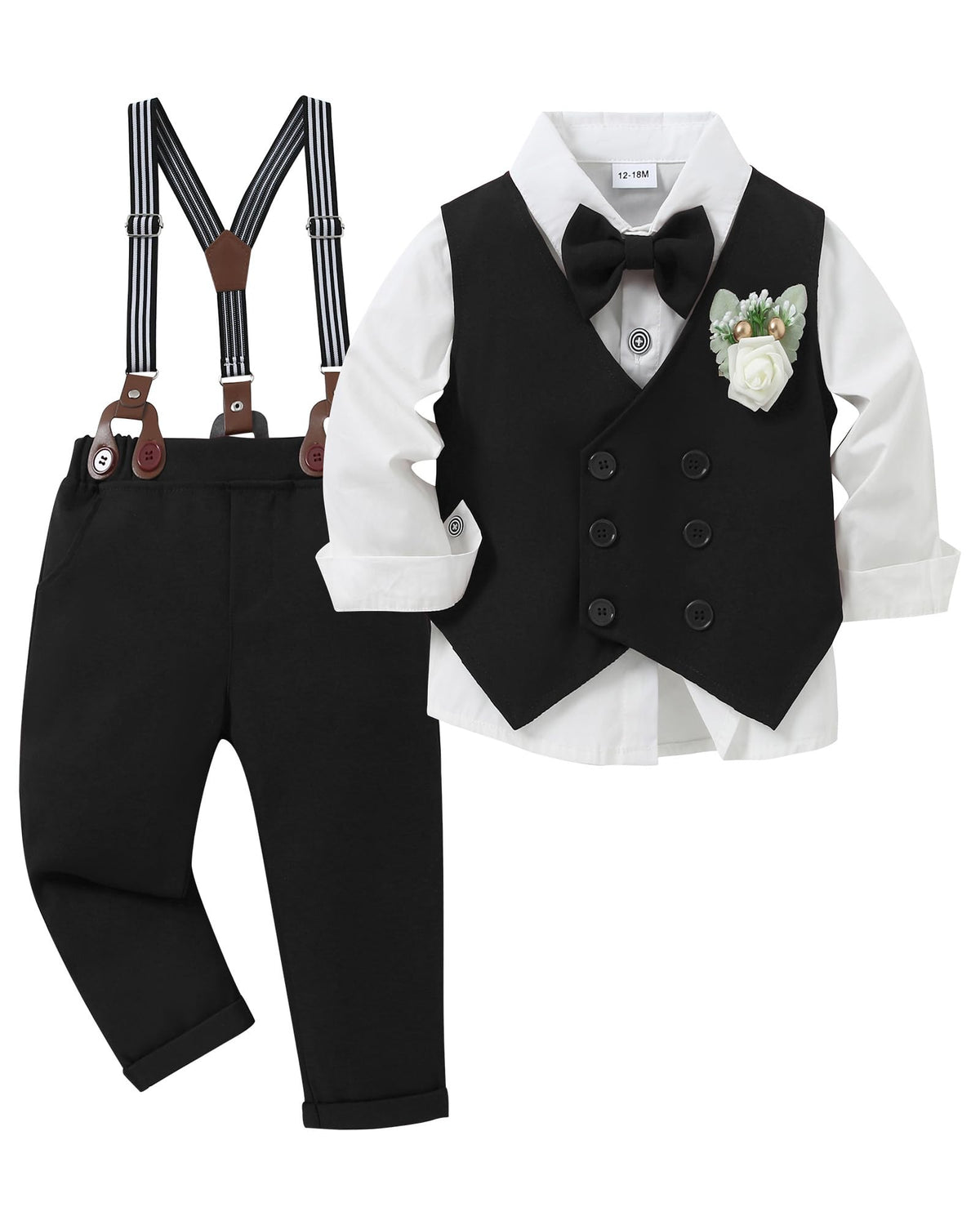YALLET Toddler Baby Boy Clothes Suit Gentleman Wedding Outfits, Formal Dress Shirt+Bowtie+Vest+Boutonniere+Suspender Pants