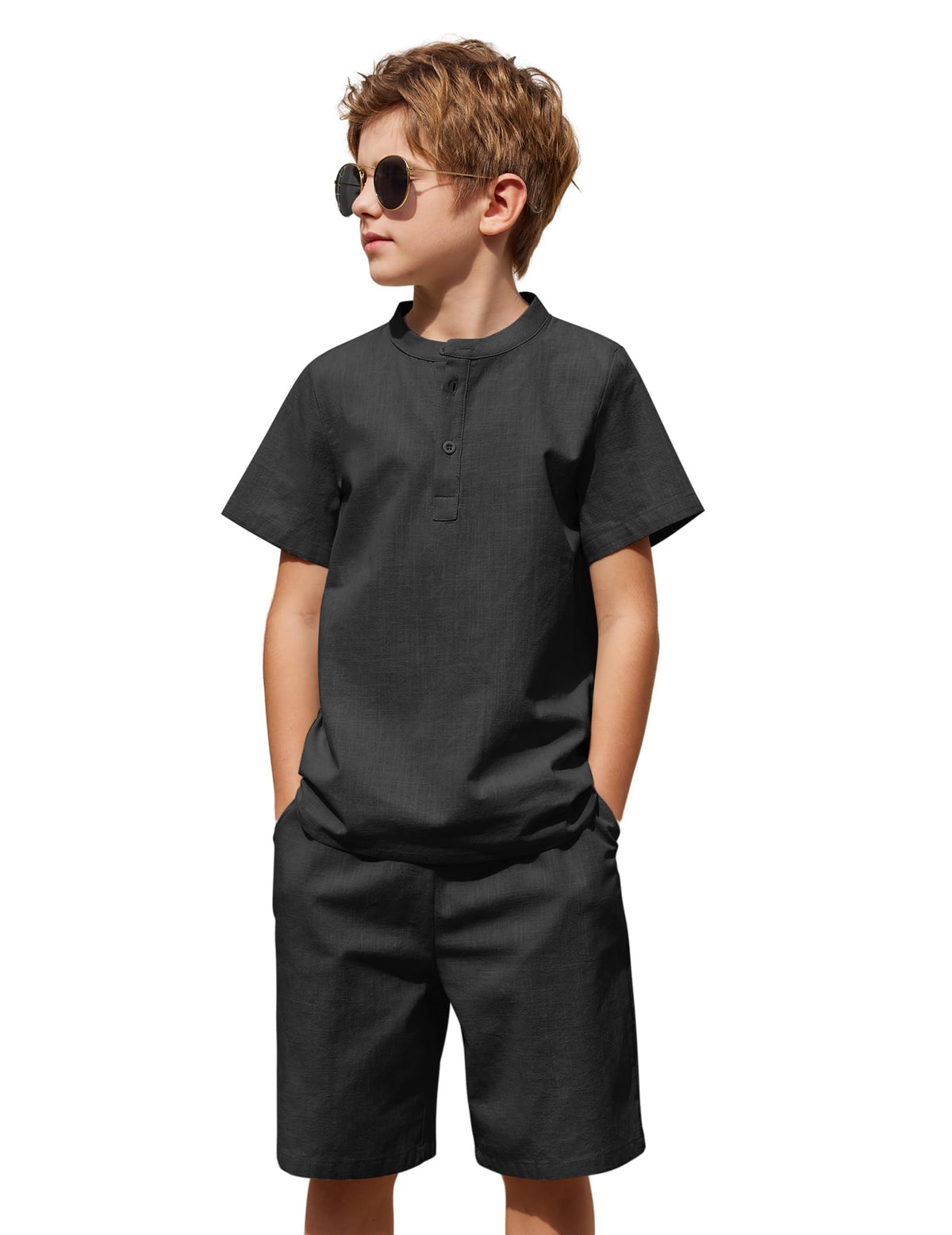 Arshiner Boy's 2 Pieces Cotton Linen Set Casual Henley Shirts Short Sleeve Beach Shorts Summer Outfits for 5-12 Years