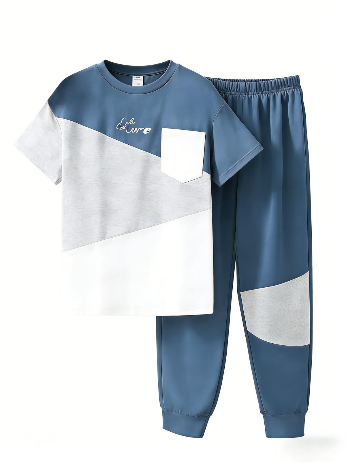 Axumity Tween Boys' 2-Piece Casual Outfit Spring Summer Short Sleeve Crewneck Top & Color Block Pants Size 6-13