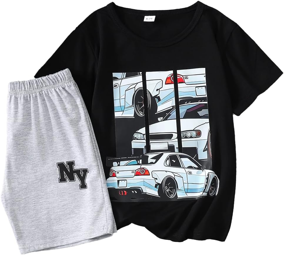Boys Clothes 2-Piece Summer Outfit Car Print T-Shirt & Letter Print Shorts for Kids Clothing Set 6-12Y