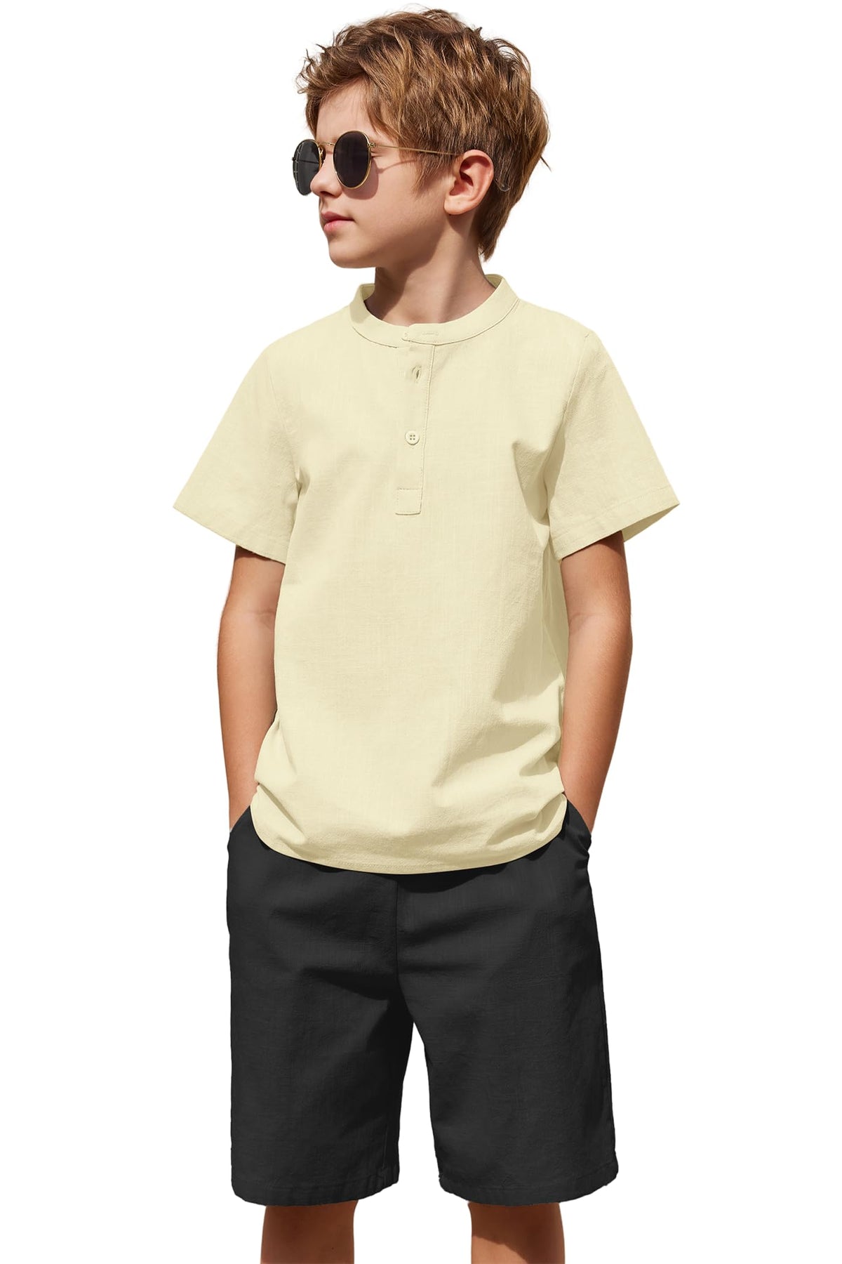 Arshiner Boy's 2 Pieces Cotton Linen Set Casual Henley Shirts Short Sleeve Beach Shorts Summer Outfits for 5-12 Years