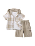 Boys Clothes Shorts Sets Plaid Short Sleeve Hooded Button Shirt and Jogger Shorts for Kids Summer Outfits