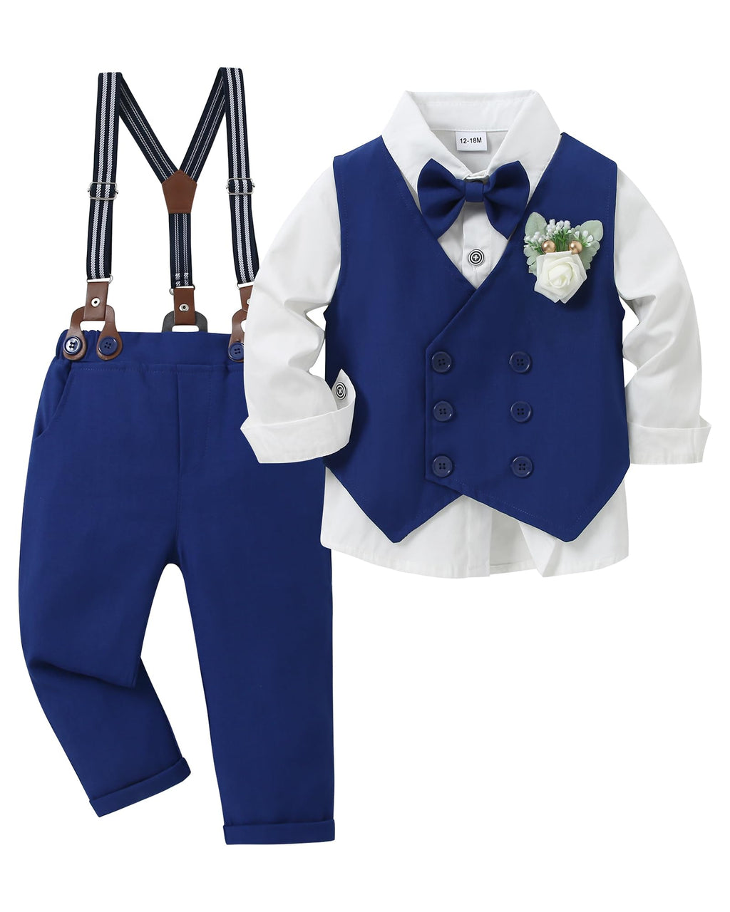 YALLET Toddler Baby Boy Clothes Suit Gentleman Wedding Outfits, Formal Dress Shirt+Bowtie+Vest+Boutonniere+Suspender Pants