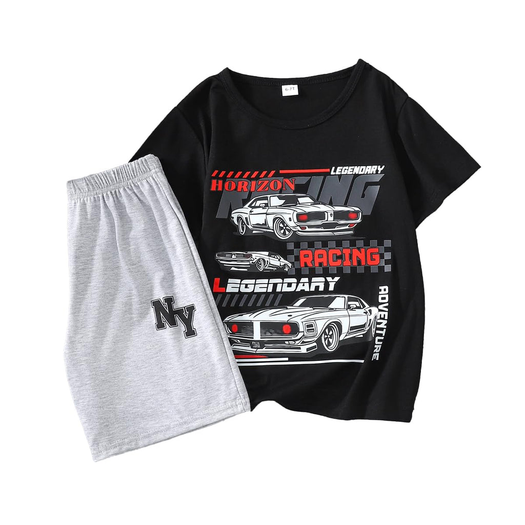 Boys Clothes 2-Piece Summer Outfit Car Print T-Shirt & Letter Print Shorts for Kids Clothing Set 6-12Y