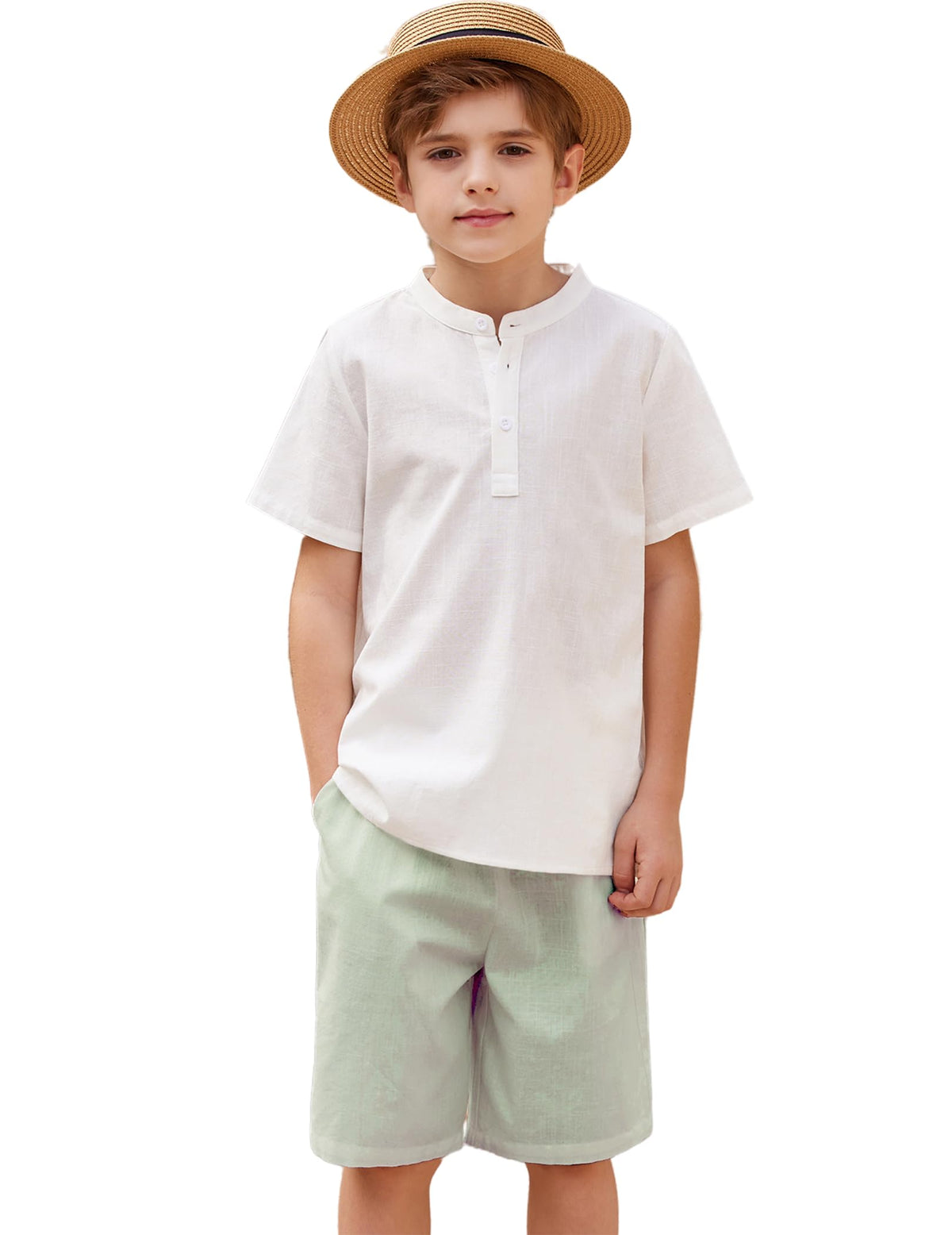 Arshiner Boy's 2 Pieces Cotton Linen Set Casual Henley Shirts Short Sleeve Beach Shorts Summer Outfits for 5-12 Years