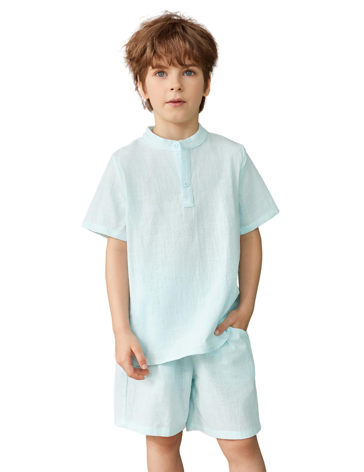 Arshiner Boy's 2 Pieces Cotton Linen Set Casual Henley Shirts Short Sleeve Beach Shorts Summer Outfits for 5-12 Years