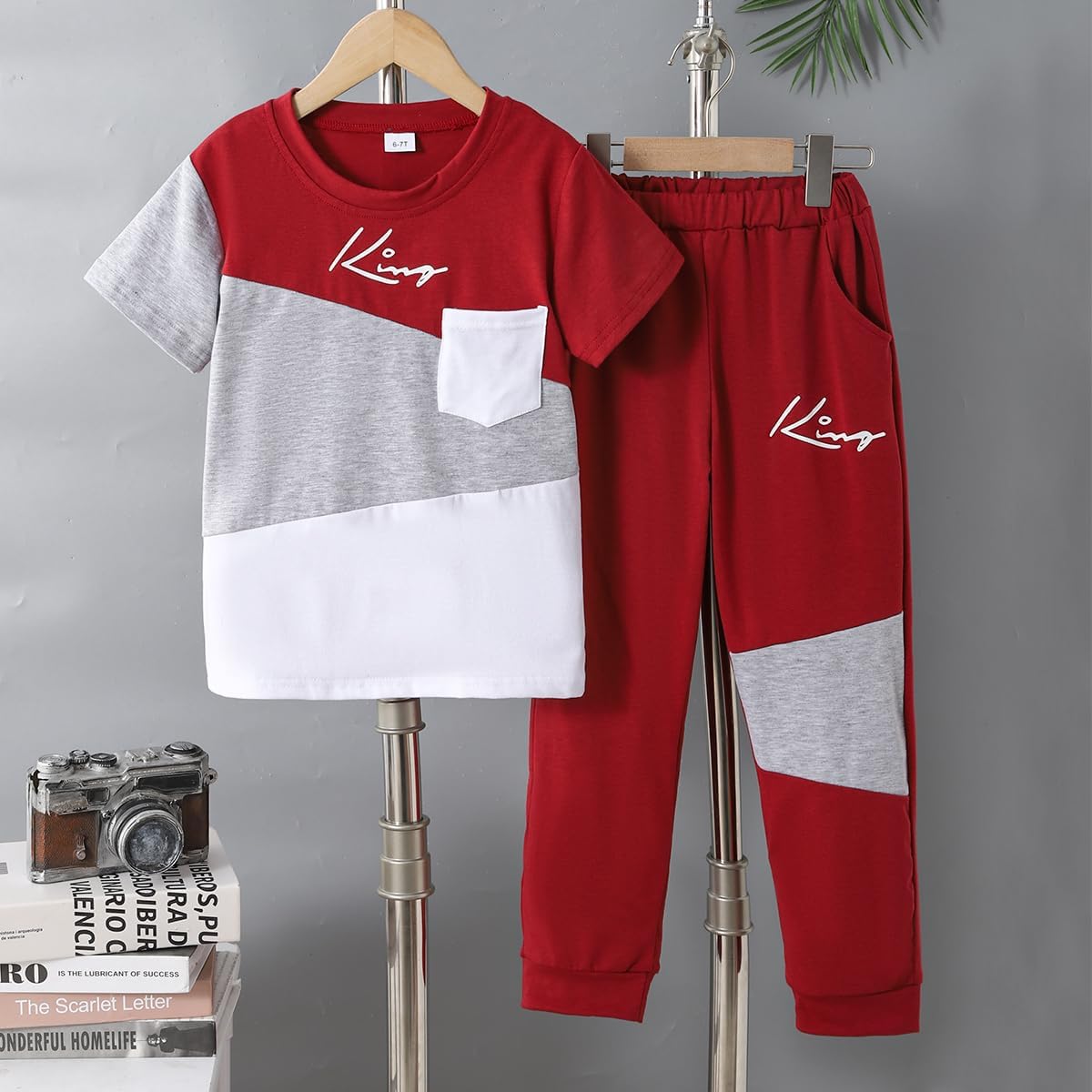 Axumity Tween Boys' 2-Piece Casual Outfit Spring Summer Short Sleeve Crewneck Top & Color Block Pants Size 6-13