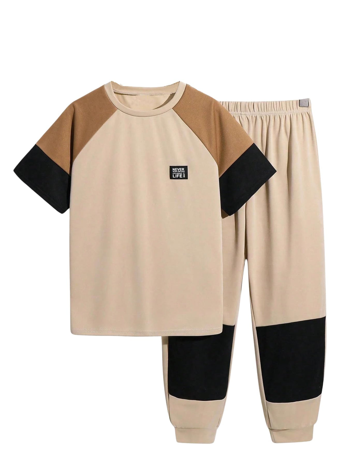 Axumity Tween Boys' 2-Piece Casual Outfit Spring Summer Short Sleeve Crewneck Top & Color Block Pants Size 6-13