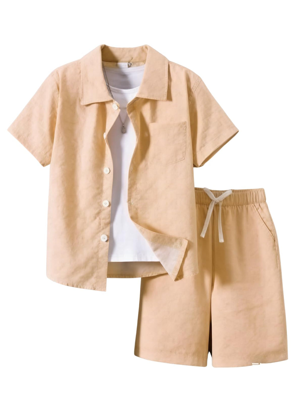 Ayzozuy Boys Summer 2-Piece Outfit Size 6-13 Short-Sleeve Textured Button-Down Shirt & Solid Elastic-Waist Shorts Set