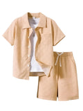 Ayzozuy Boys Summer 2-Piece Outfit Size 6-13 Short-Sleeve Textured Button-Down Shirt & Solid Elastic-Waist Shorts Set