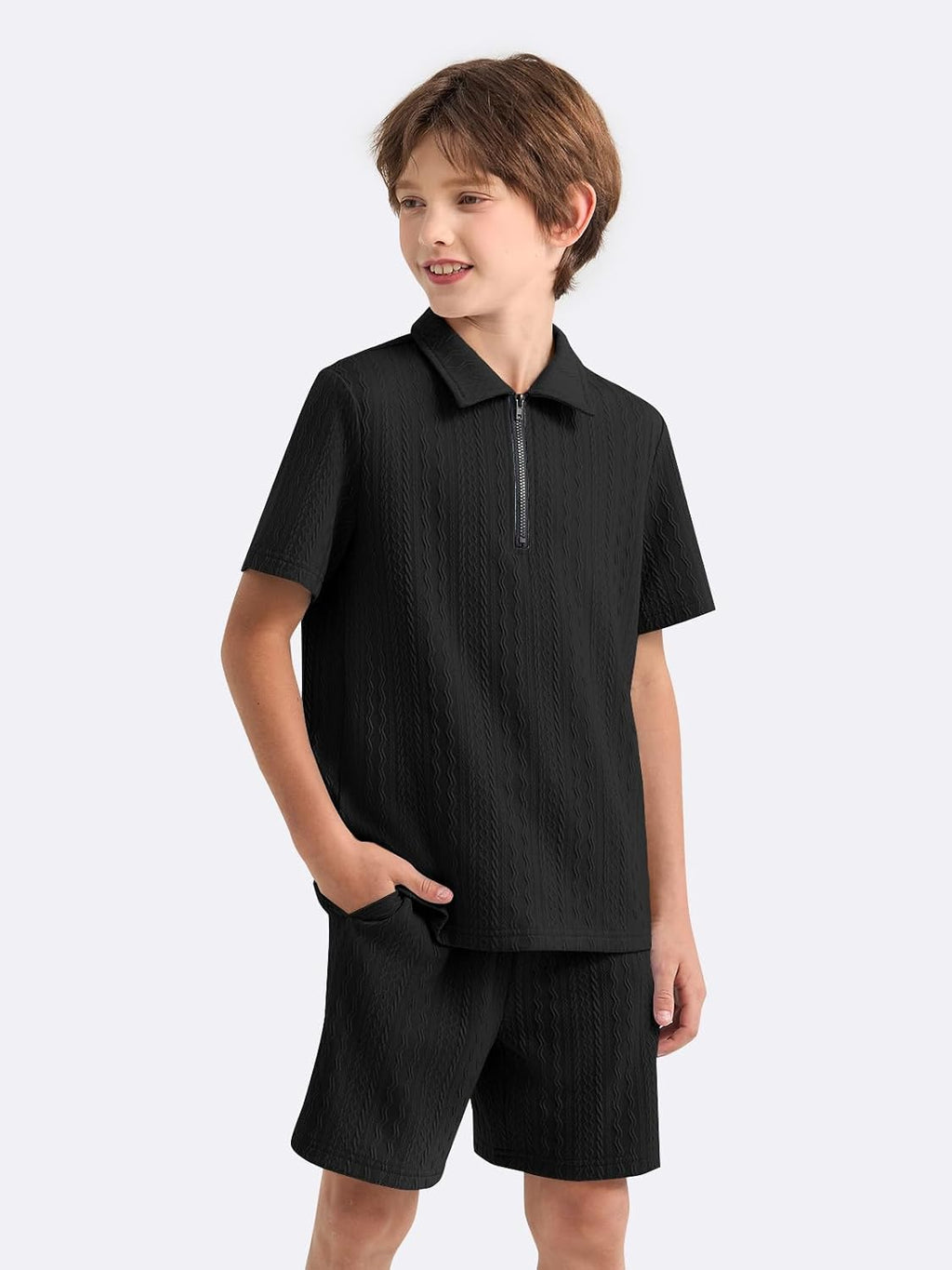 Haloumoning Boys 2 Piece Summer Outfits Kids Quarter Zip Polo Shirt and Shorts Set Athletic Tracksuit 5-14 Years