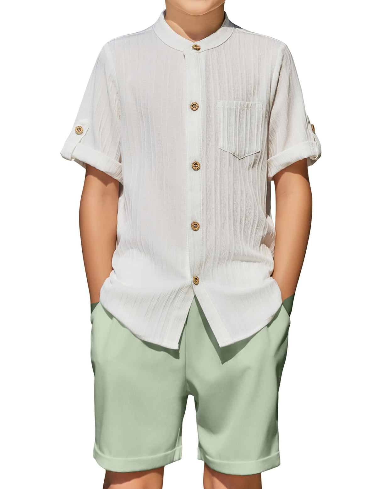 Arshiner Boys Summer Outfits Textured Button Down Shirt and Shorts Set