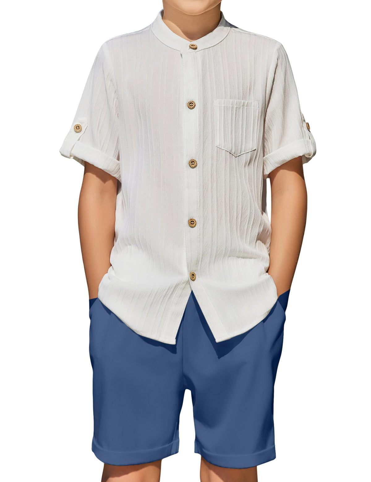 Arshiner Boys Summer Outfits Textured Button Down Shirt and Shorts Set